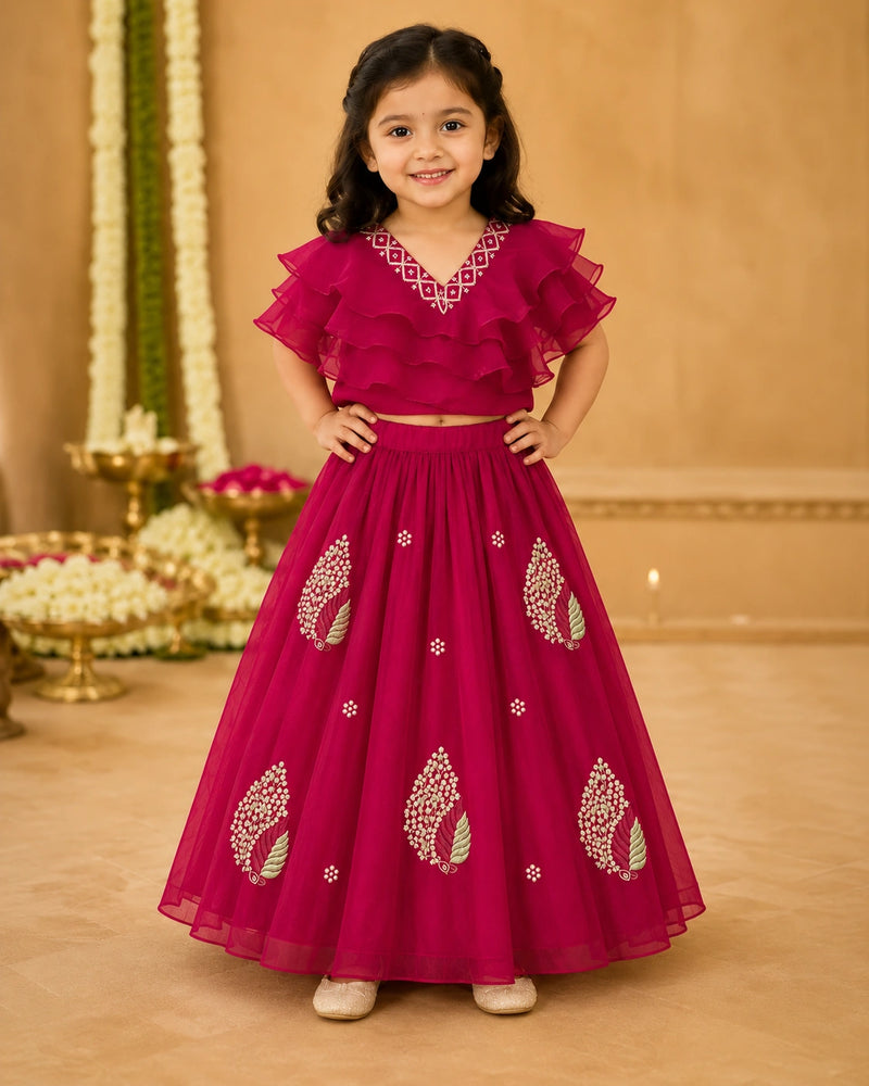 Girls Lehenga Choli Set Layered Ruffle Blouse - Rani Pink