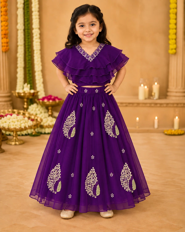 Girls Lehenga Choli Set Layered Ruffle Blouse - Rich Purple
