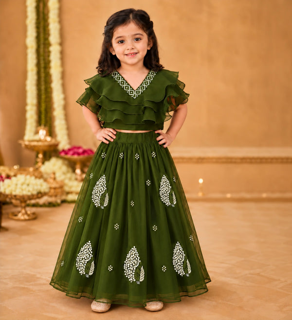 Girls Lehenga Choli Set Layered Ruffle Blouse - Mehndi