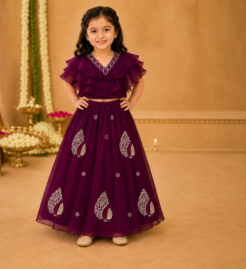 Girls Lehenga Choli Set Layered Ruffle Blouse - Wine Purple