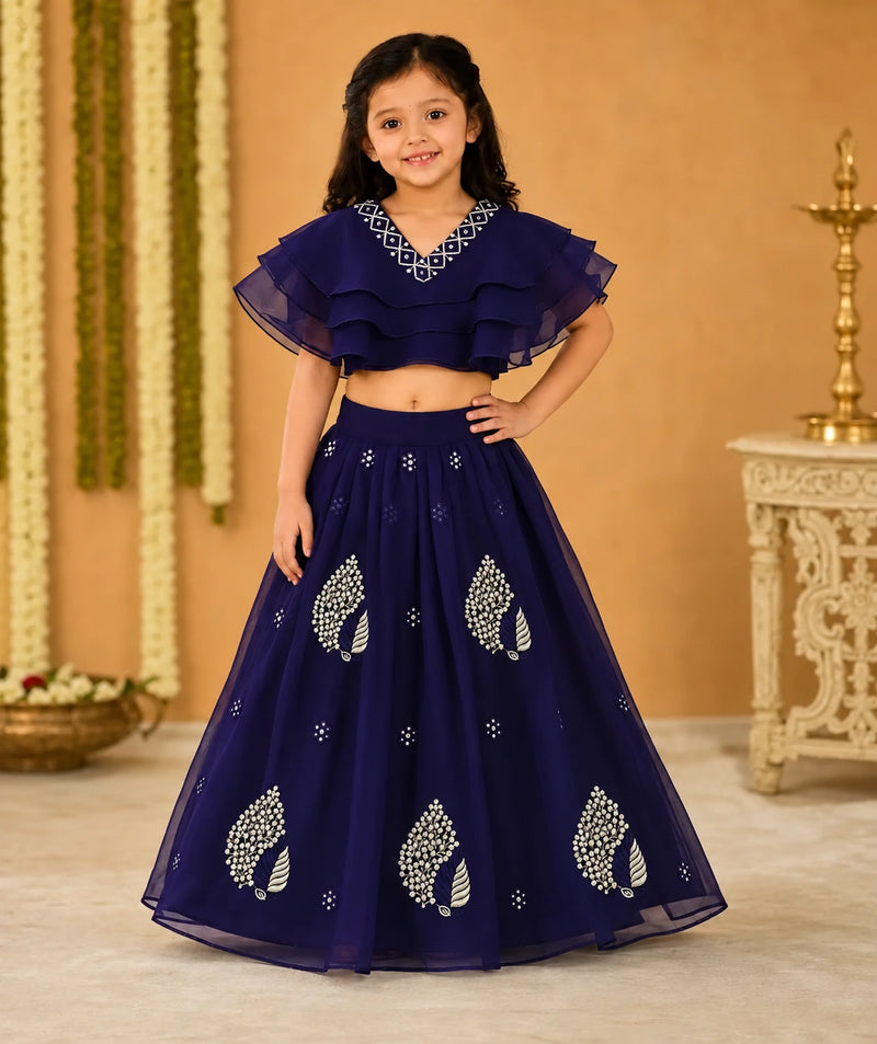 Girls Lehenga Choli Set Layered Ruffle Blouse - Royal Navy Blue