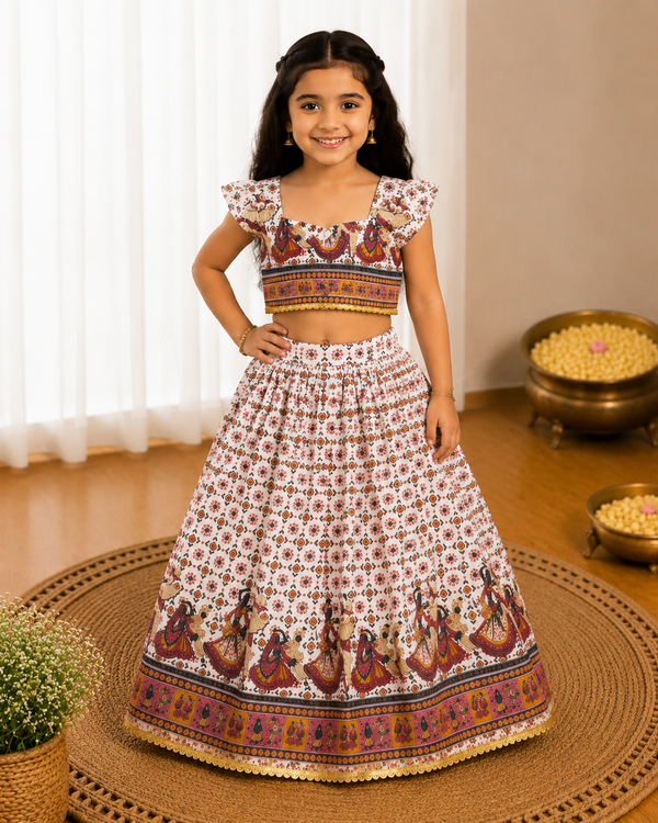 White Dandiya Garba Print Lehenga Choli - Girl Front View Smiling