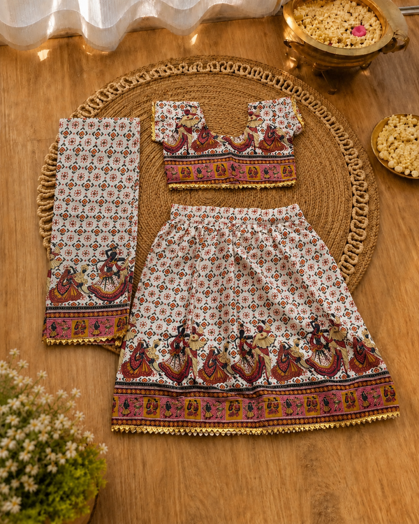 White Dandiya Garba Print Lehenga Choli - Girl Back View