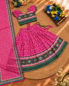 Girls Pink & Green Printed Lehenga Choli Set with Dupatta