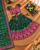 Girls Green & Pink Printed Lehenga Choli Set with Dupatta