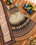 Girls Cream & Black Printed Lehenga Choli Set with Dupatta