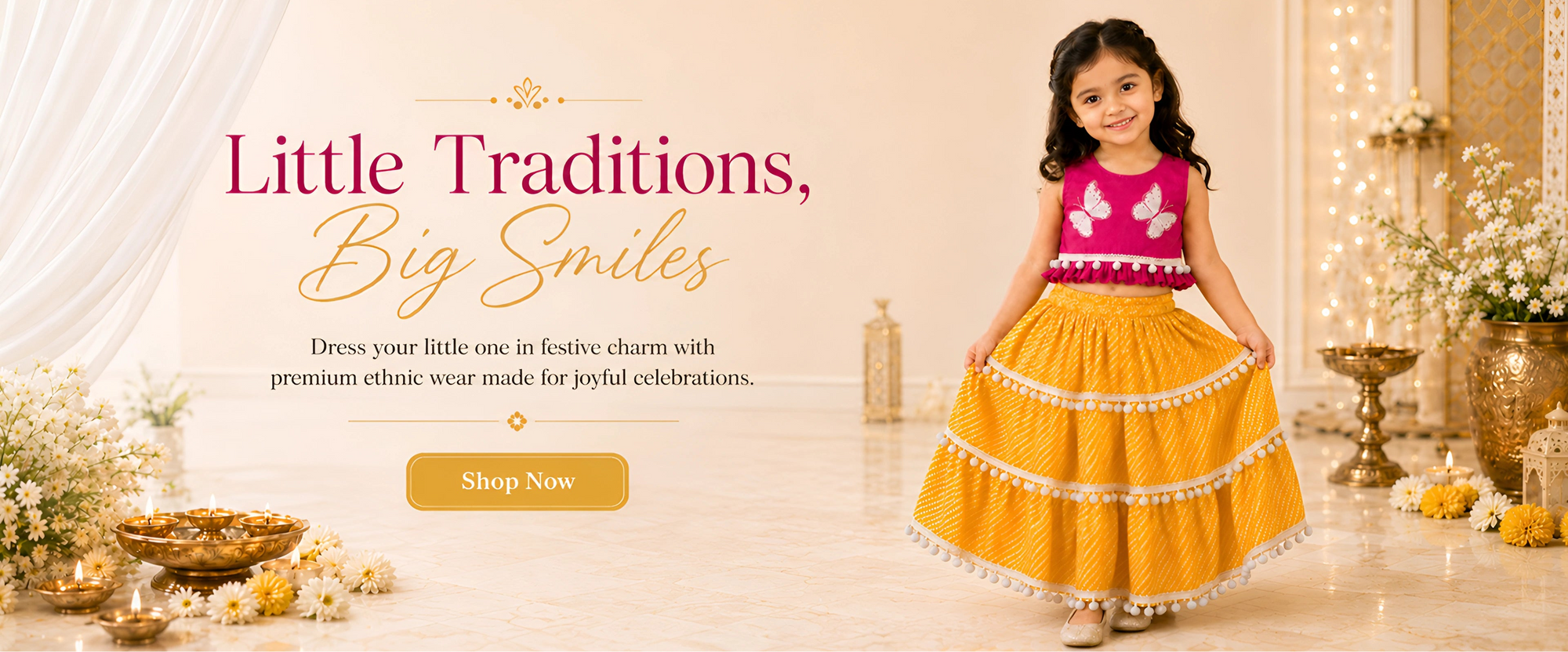 Young girl in a yellow and pink traditional outfit with decorative text and call to action on a light background.