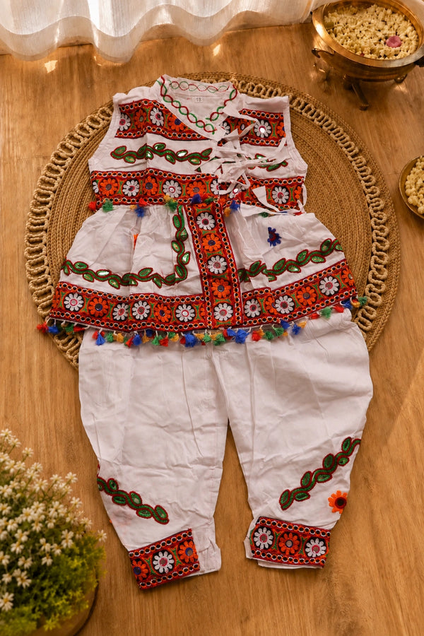 White Embroidered Kediyu Set for Boys - Front View