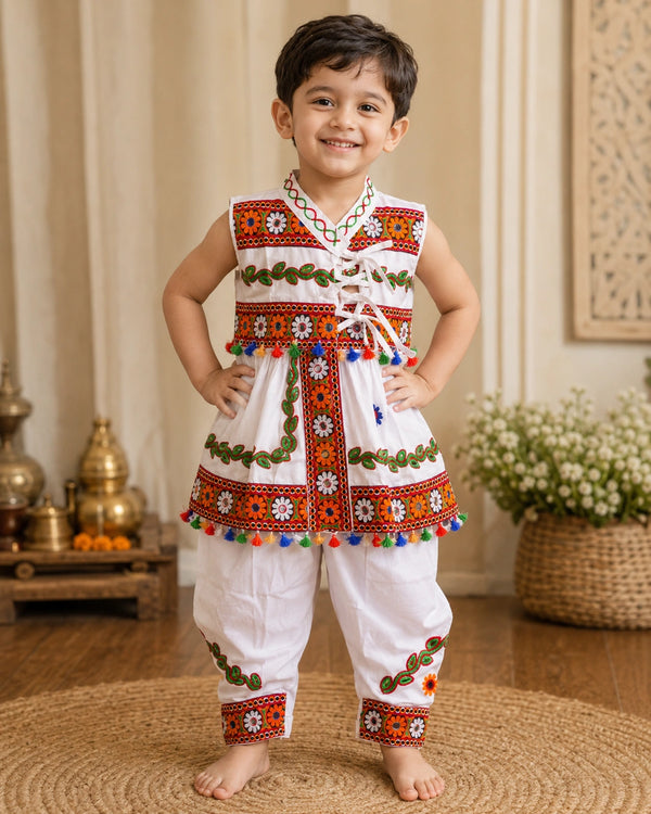 White Embroidered Kediyu Set for Boys - Flat Lay