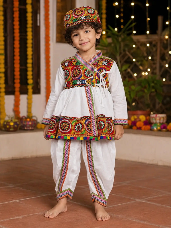 White Multicolor Embroidered Kediyu with Dhoti Pants & Cap