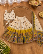 Girls Cream & Yellow Printed Lehenga Choli Set with Dupatta