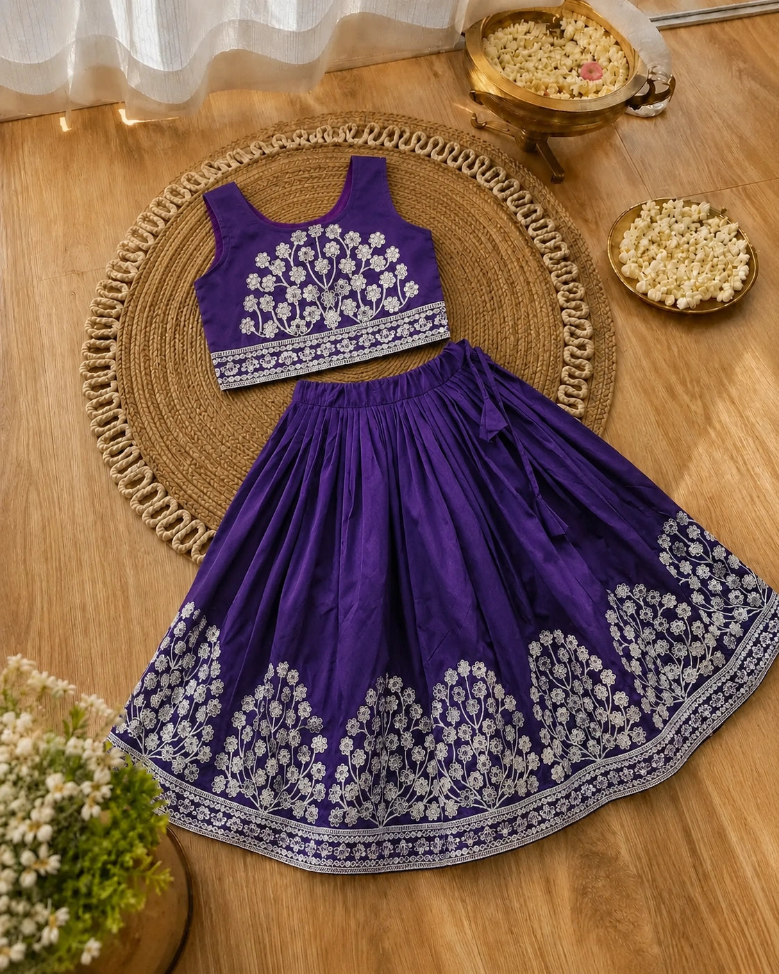 Girls Embroidered Lehenga Choli Set – Purple