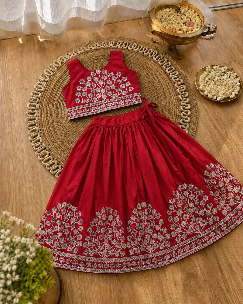 Girls Embroidered Lehenga Choli Set – Red