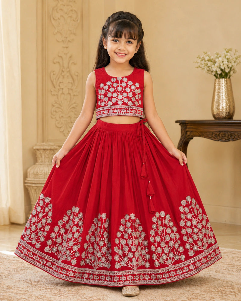 Girls Embroidered Lehenga Choli Set – Red