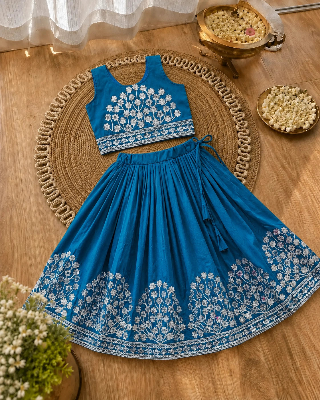 Girls Embroidered Lehenga Choli Set – Teal Blue
