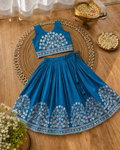Girls Embroidered Lehenga Choli Set – Teal Blue