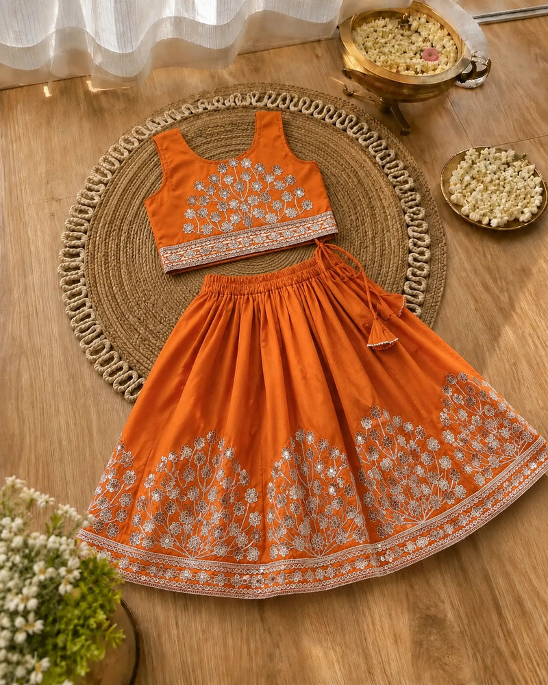 Girls Embroidered Lehenga Choli Set – Orange