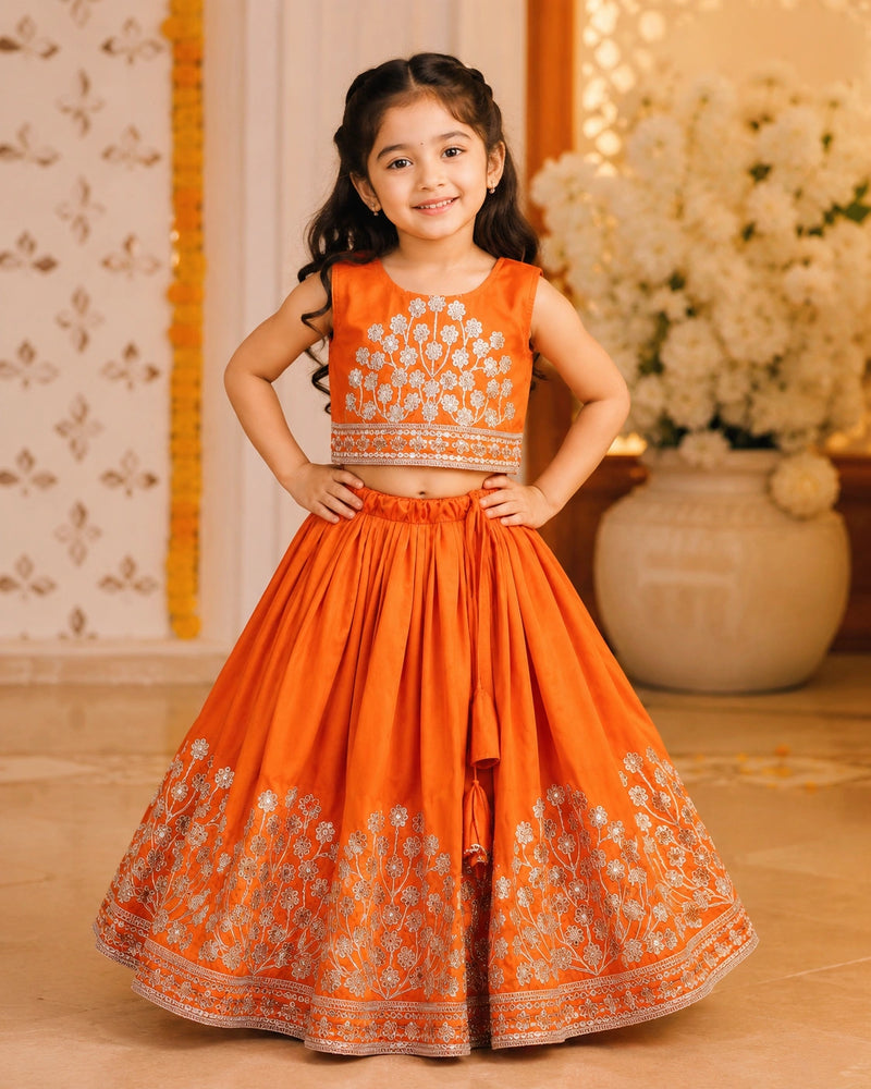 Girls Embroidered Lehenga Choli Set – Orange