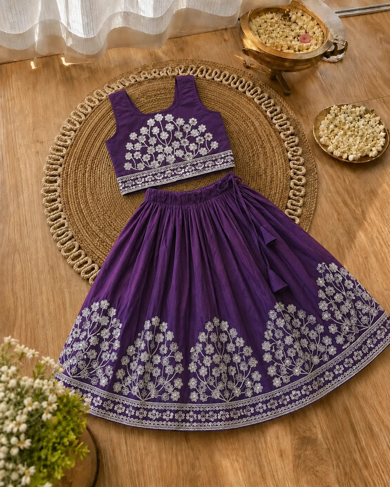 Girls Embroidered Lehenga Choli Set – Dark purple
