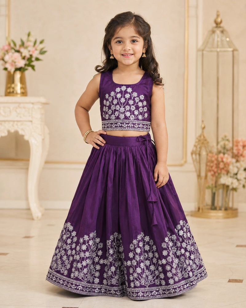 Girls Embroidered Lehenga Choli Set – Dark purple
