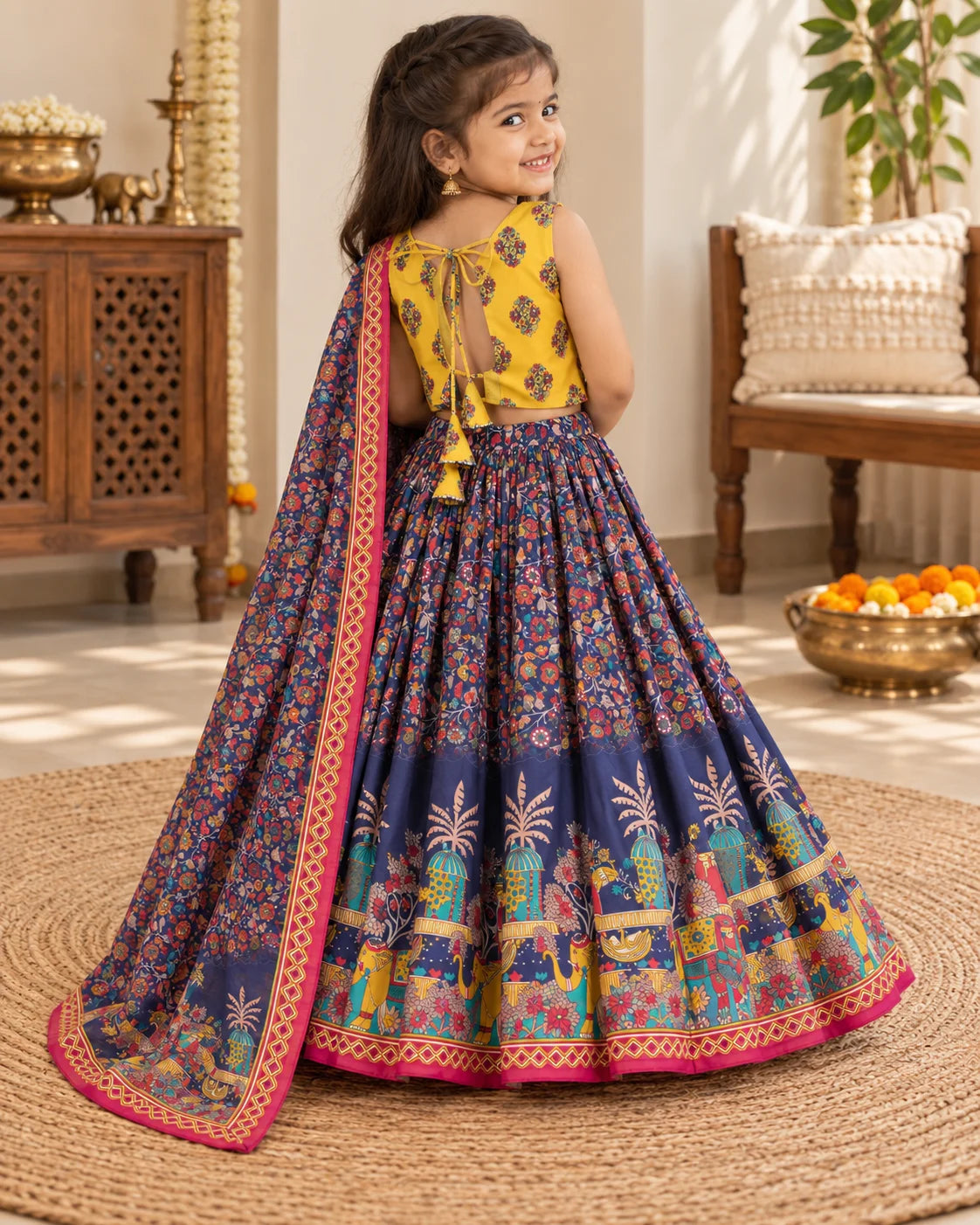 Girl wearing a yellow and navy printed lehenga choli set with dupatta