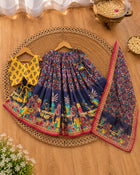 Girls Yellow & Navy Printed Lehenga Choli Set with Dupatta
