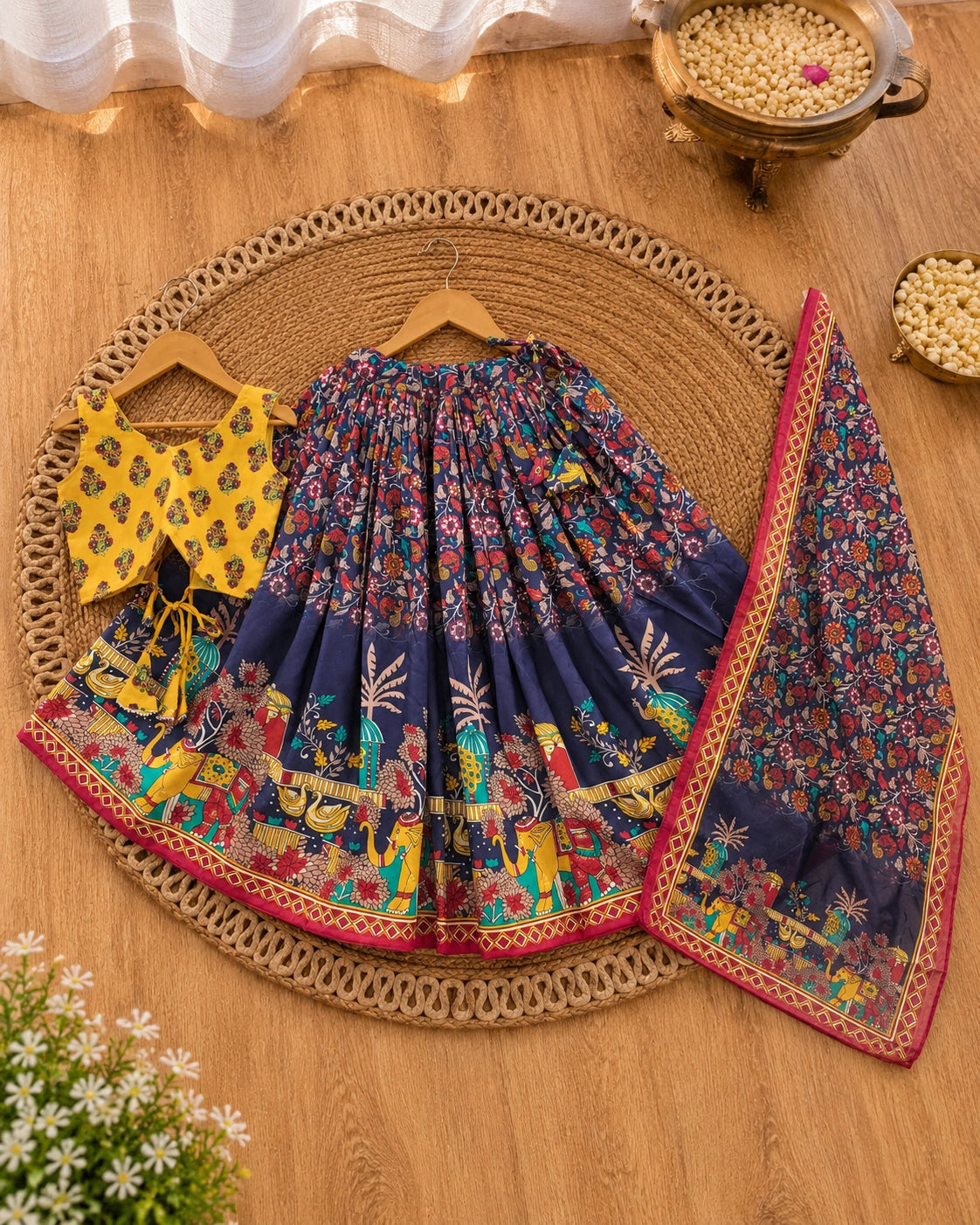 Girl wearing a yellow and navy girls lehenga choli set