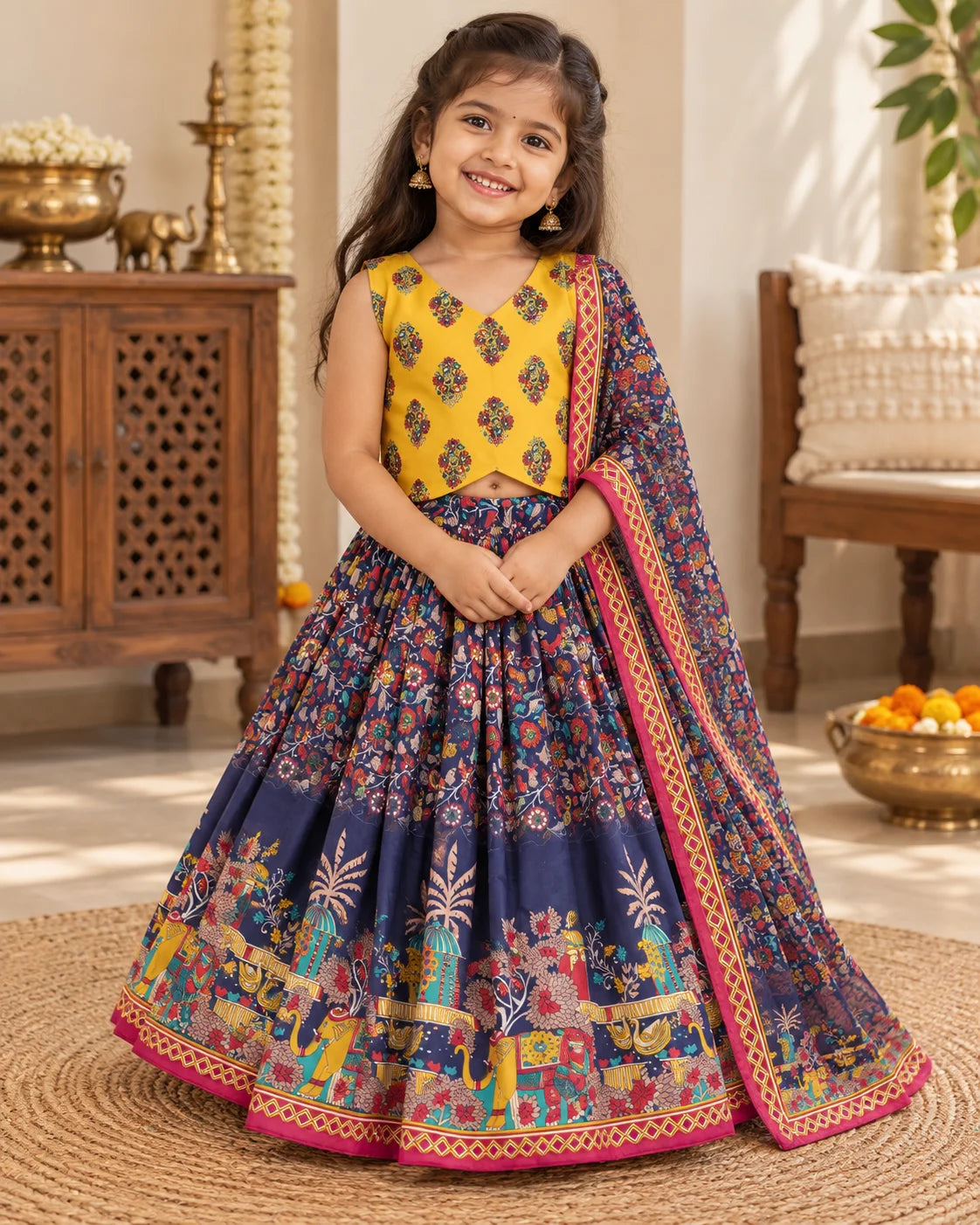 Yellow and navy printed girls lehenga choli set displayed flat
