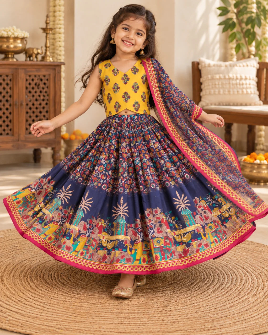 Back view of girl wearing a yellow and navy printed lehenga choli set
