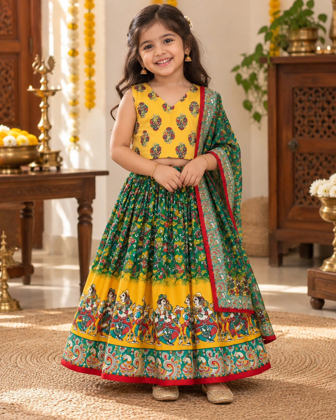 Girl wearing a festive yellow and green lehenga choli set