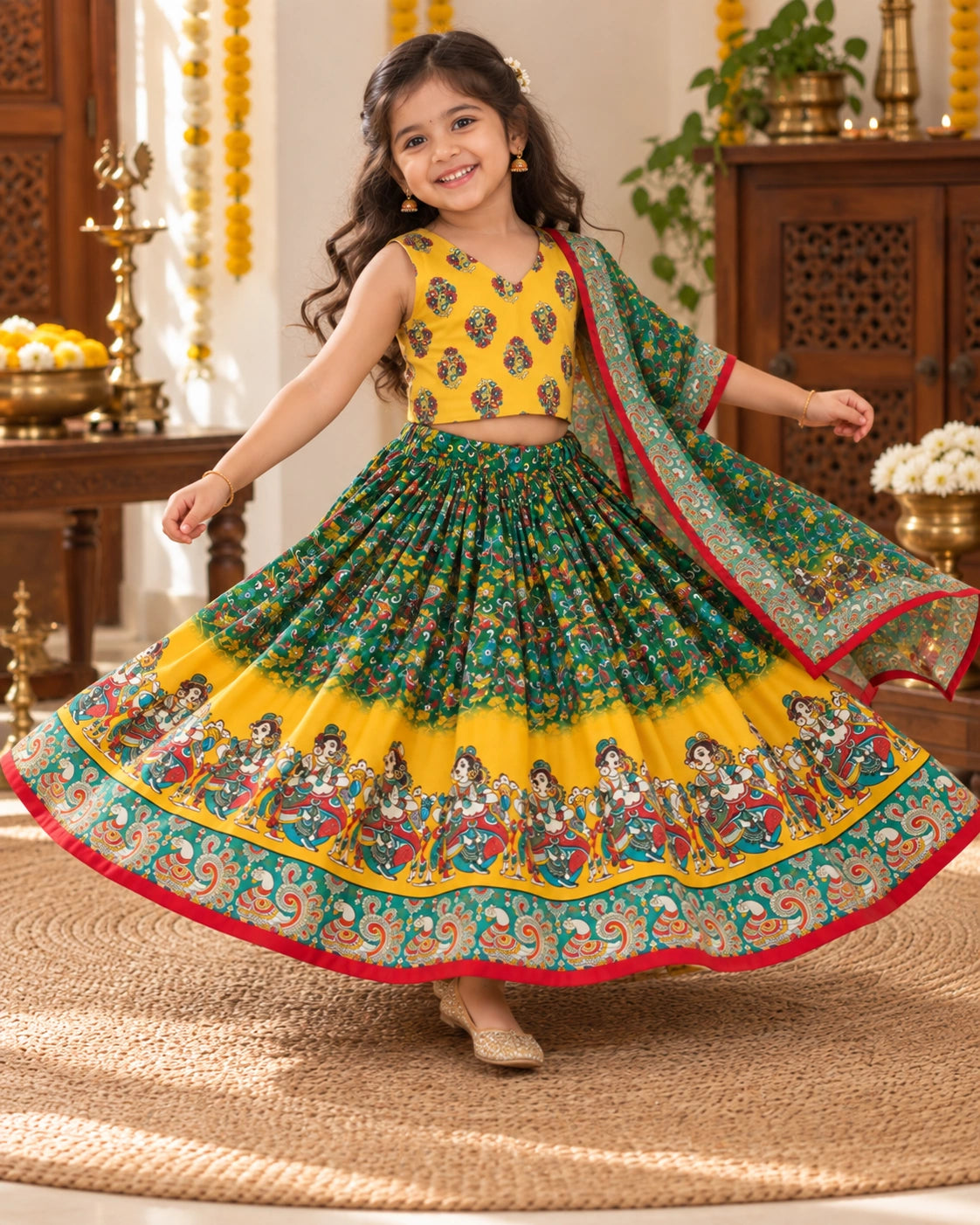 Back view of girls yellow and green lehenga choli set with dupatta