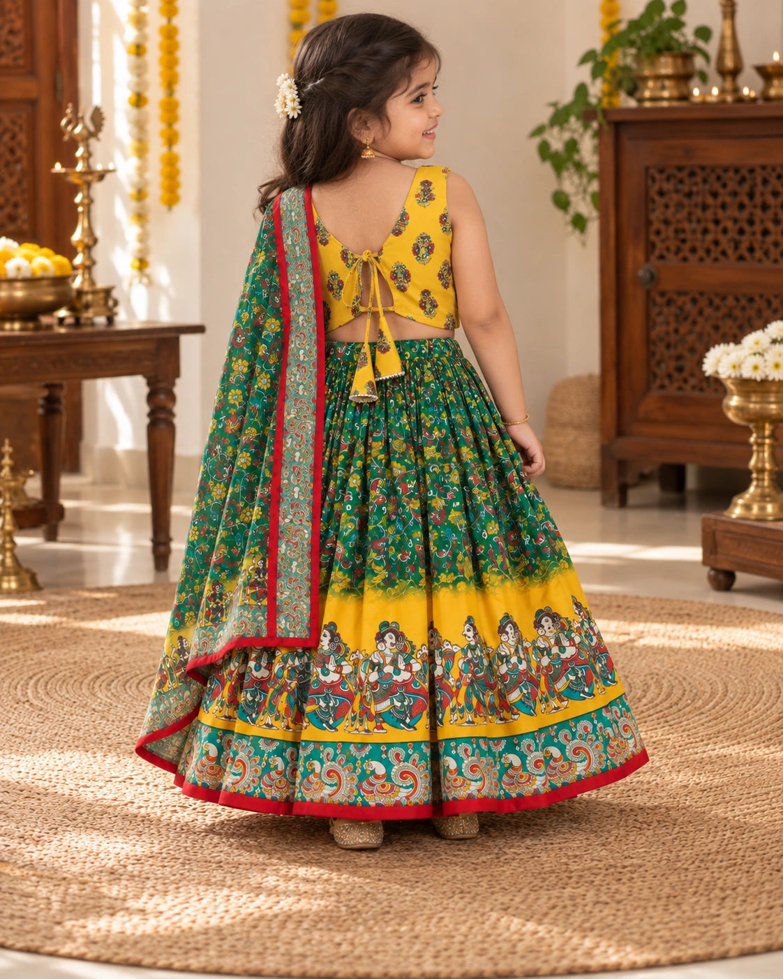 Yellow and green printed girls lehenga choli set displayed flat