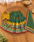 Girls Yellow & Green Printed Lehenga Choli Set with Dupatta