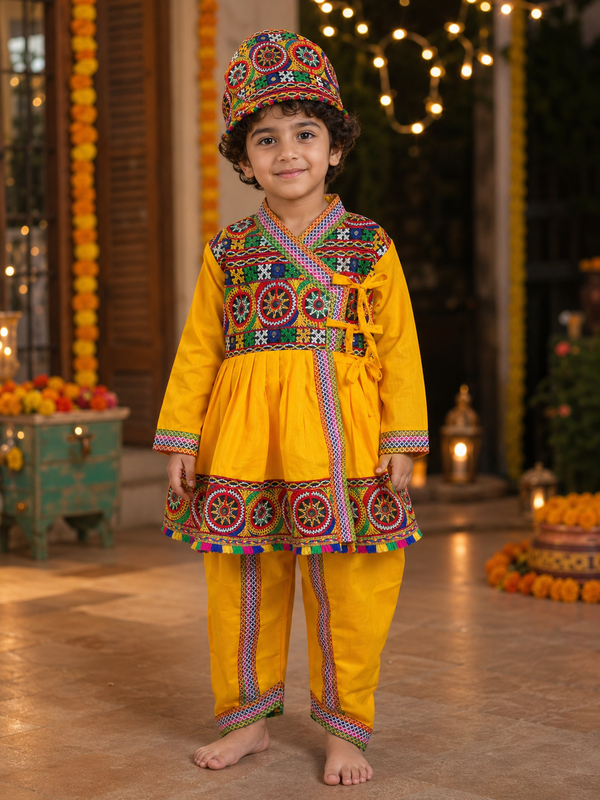 Yellow Embroidered Kediyu with Dhoti Pants & Cap