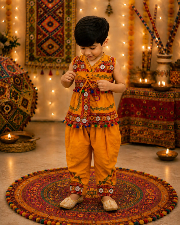Yellow Kediyu & Dhoti Set – Boys Navratri Ethnic Wear