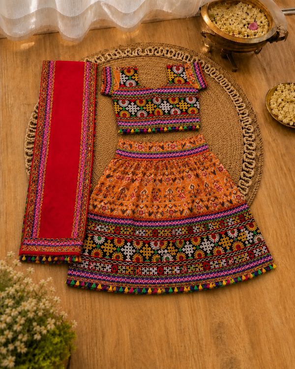 Mustard Patola Lehenga Choli - Flat Lay on Rattan Tray with Red Dupatta