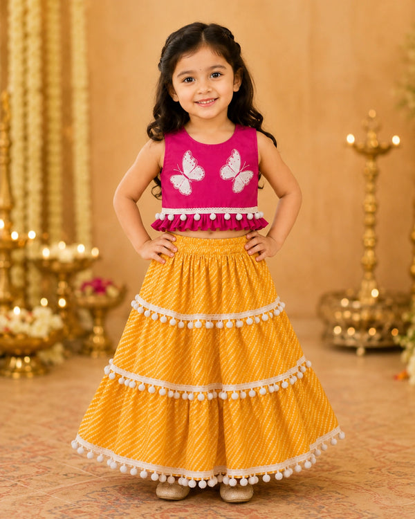 Girls Butterfly Print Pink Top & Yellow Tiered Skirt Co-Ord Set