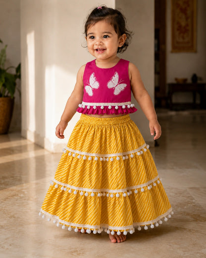 Girls Butterfly Print Pink Top & Yellow Tiered Skirt Co-Ord Set
