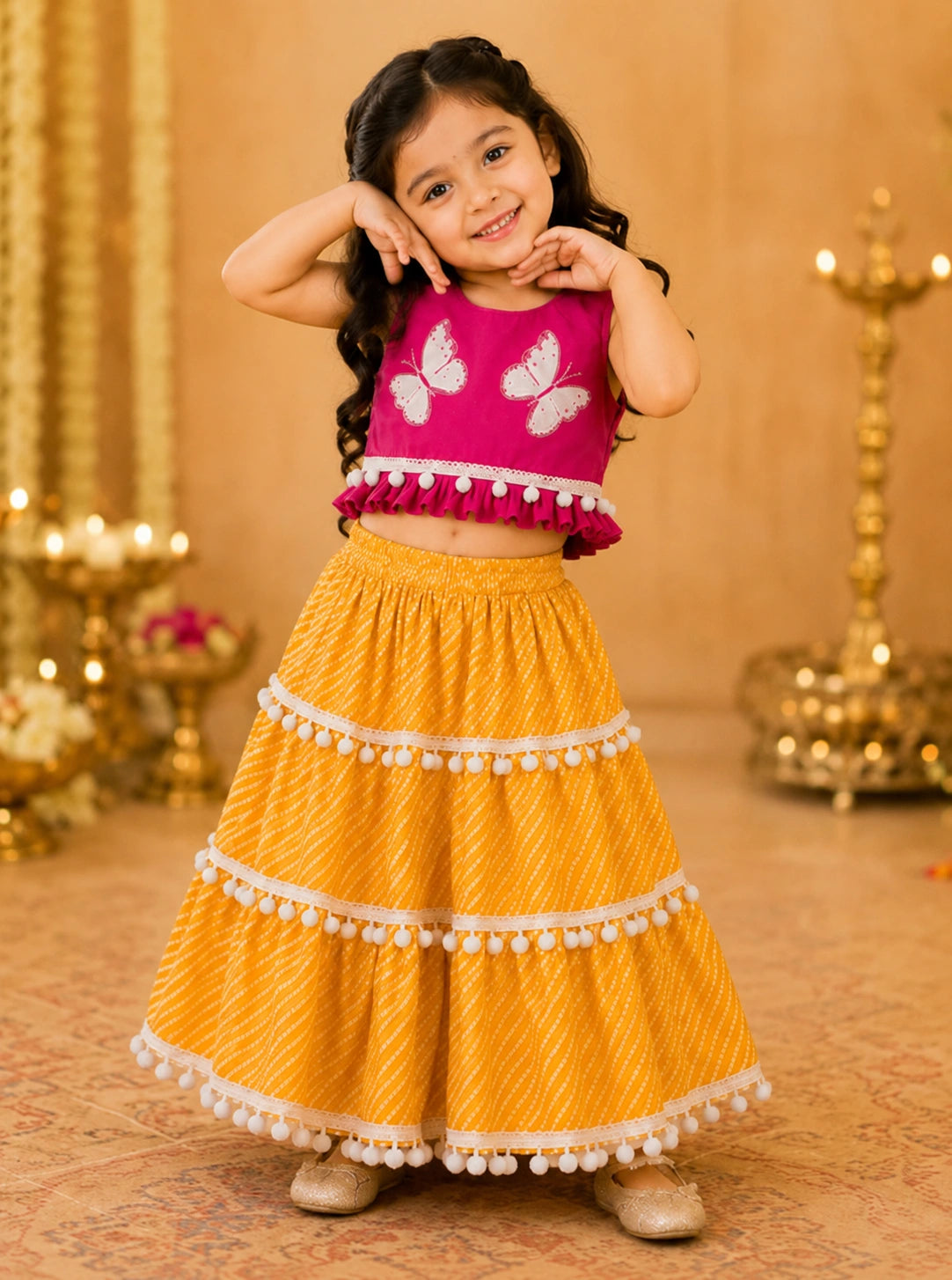 Girls Butterfly Print Pink Top & Yellow Tiered Skirt Co-Ord Set