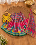 Girls Pink & Yellow Printed Lehenga Choli Set with Dupatta