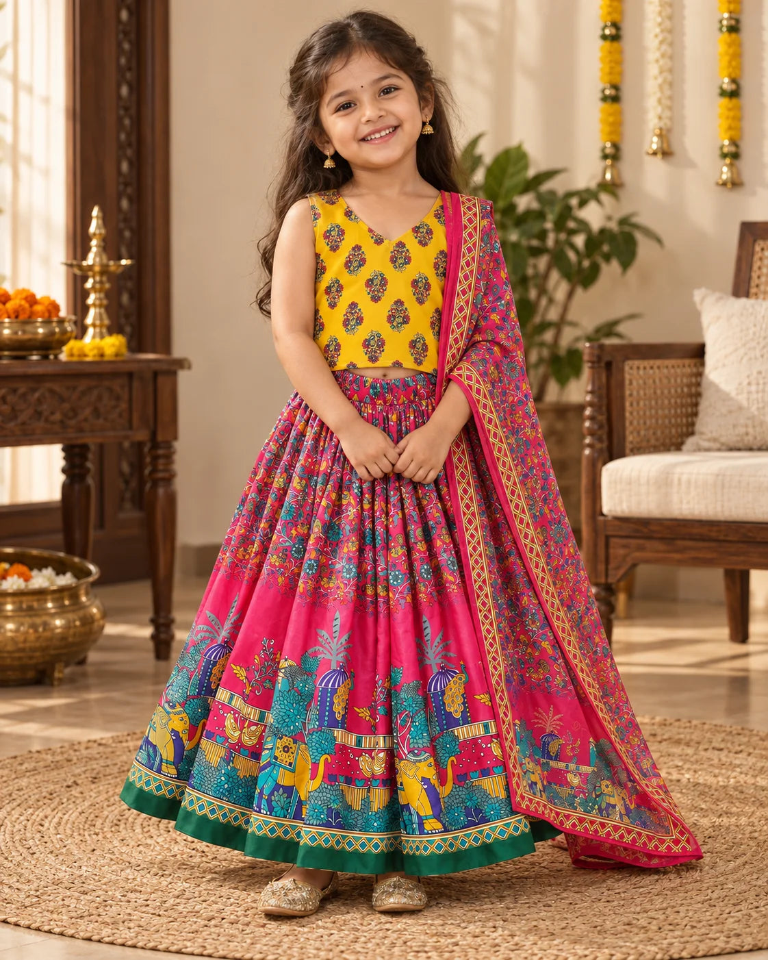 Girl twirling in a pink and yellow printed lehenga choli set