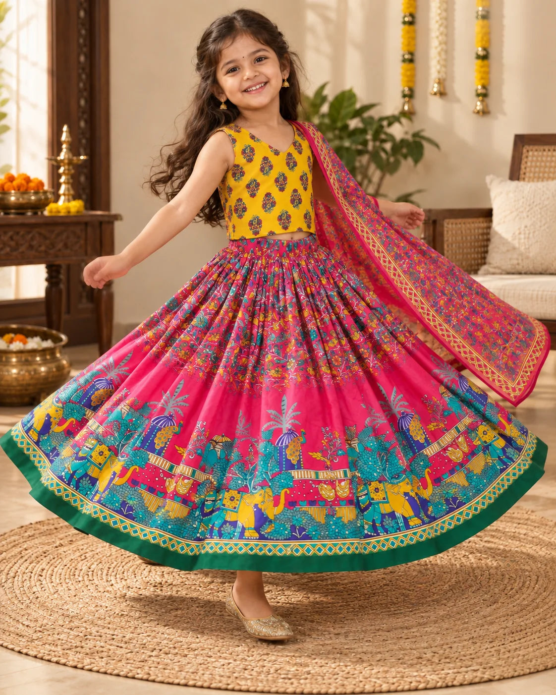 Pink and yellow printed girls lehenga choli set displayed flat