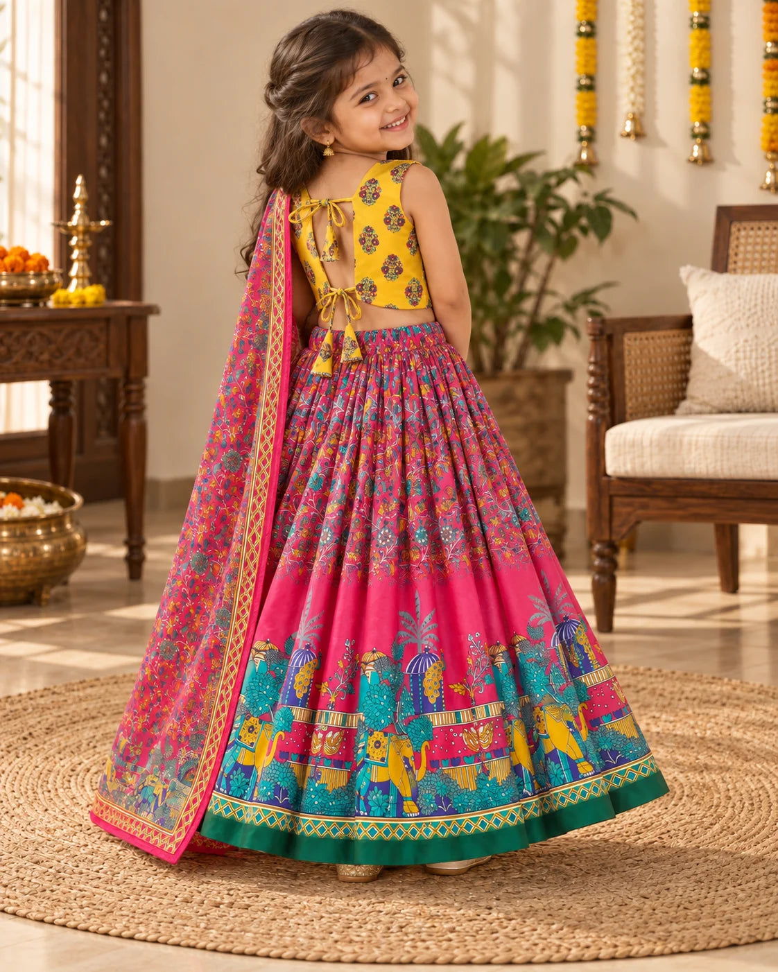 Girl wearing a pink and yellow printed lehenga choli set with dupatta