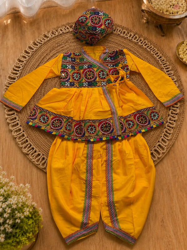 Yellow Embroidered Kediyu Set with Cap - Flat Lay