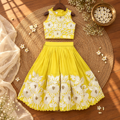 Girl in royal yellow embroidered lehenga set, front view