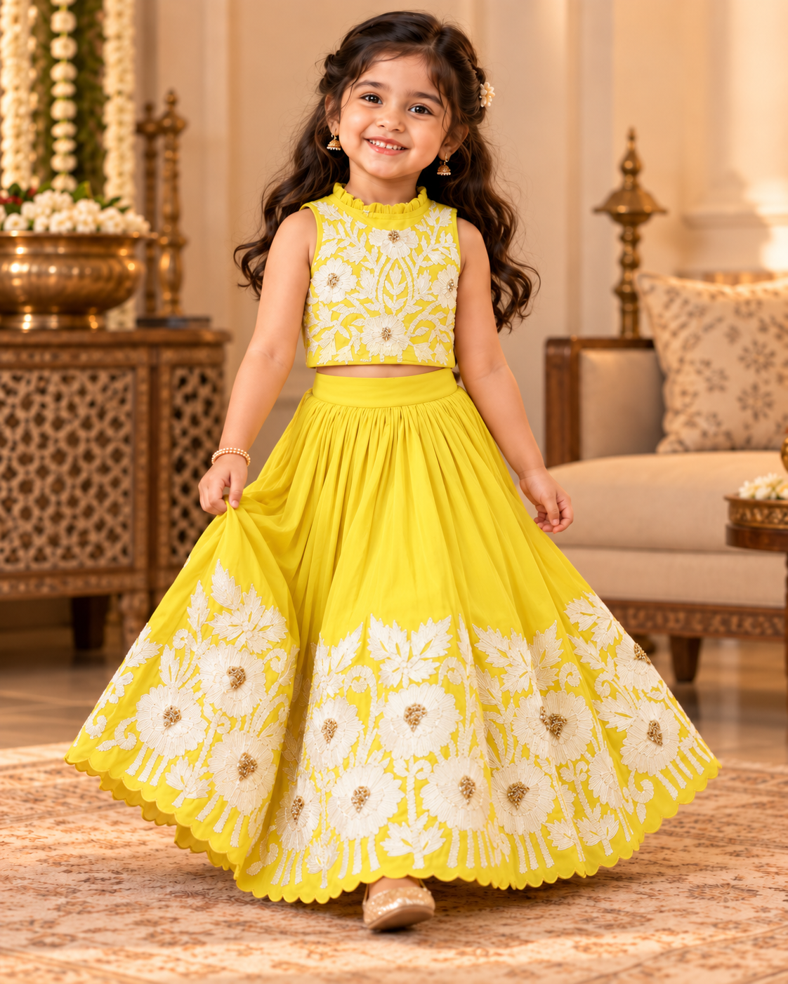 Girl twirling in royal yellow embroidered lehenga set