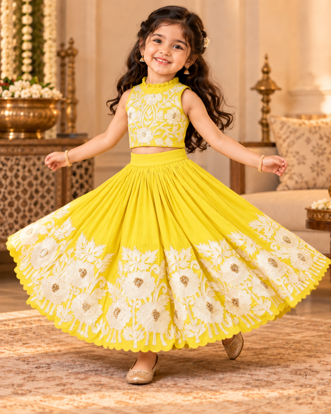 Girl smiling in royal yellow embroidered lehenga set