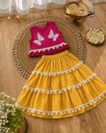 Girls Butterfly Print Pink Top & Yellow Tiered Skirt Co-Ord Set